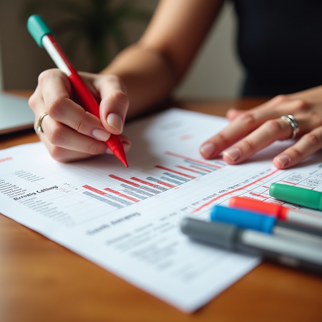 Close-up of hands drawing a weekly cash flow chart on graph paper with colored markers