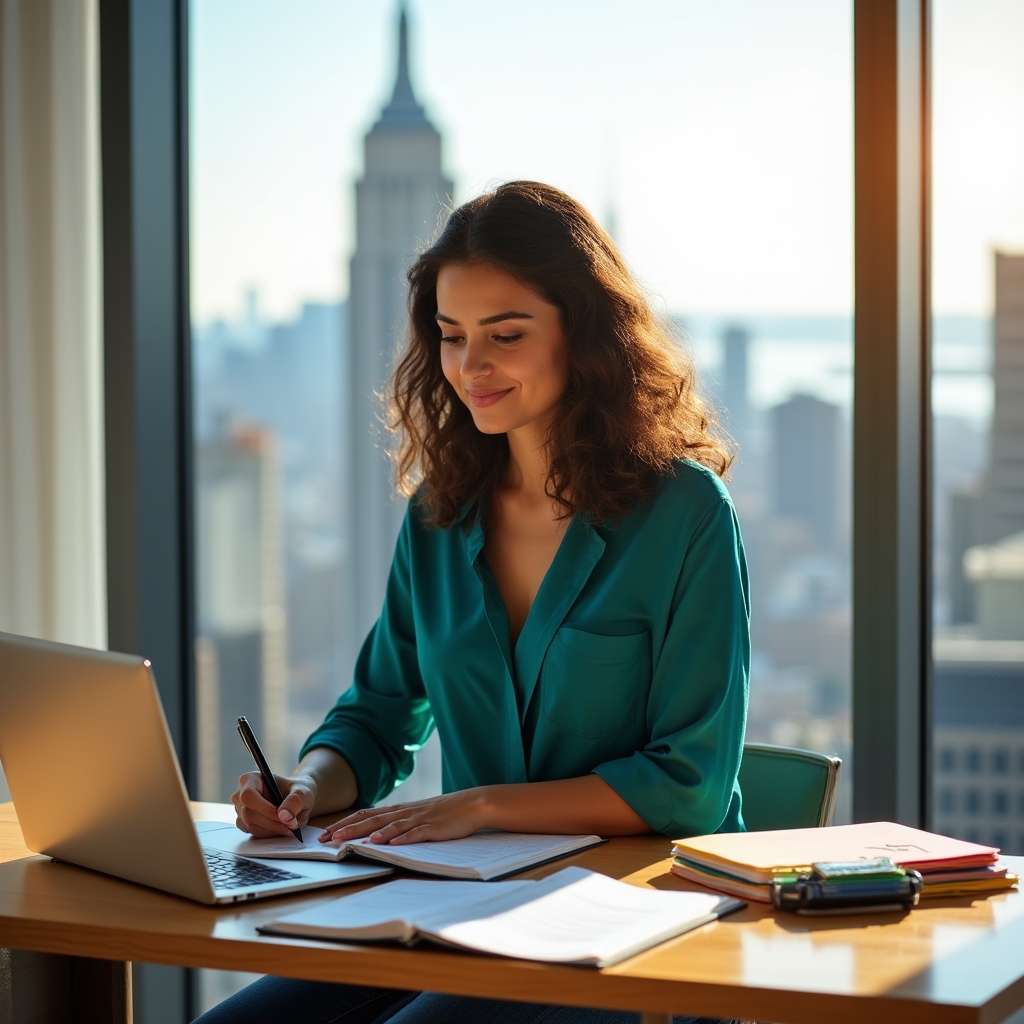 Ecuadorian entrepreneur reviewing financial records at a bright workspace