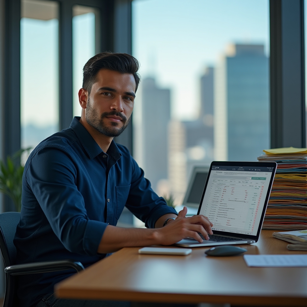 Entrepreneur sitting at a clean desk with color-coded folders and a financial planning spreadsheet visible on screen