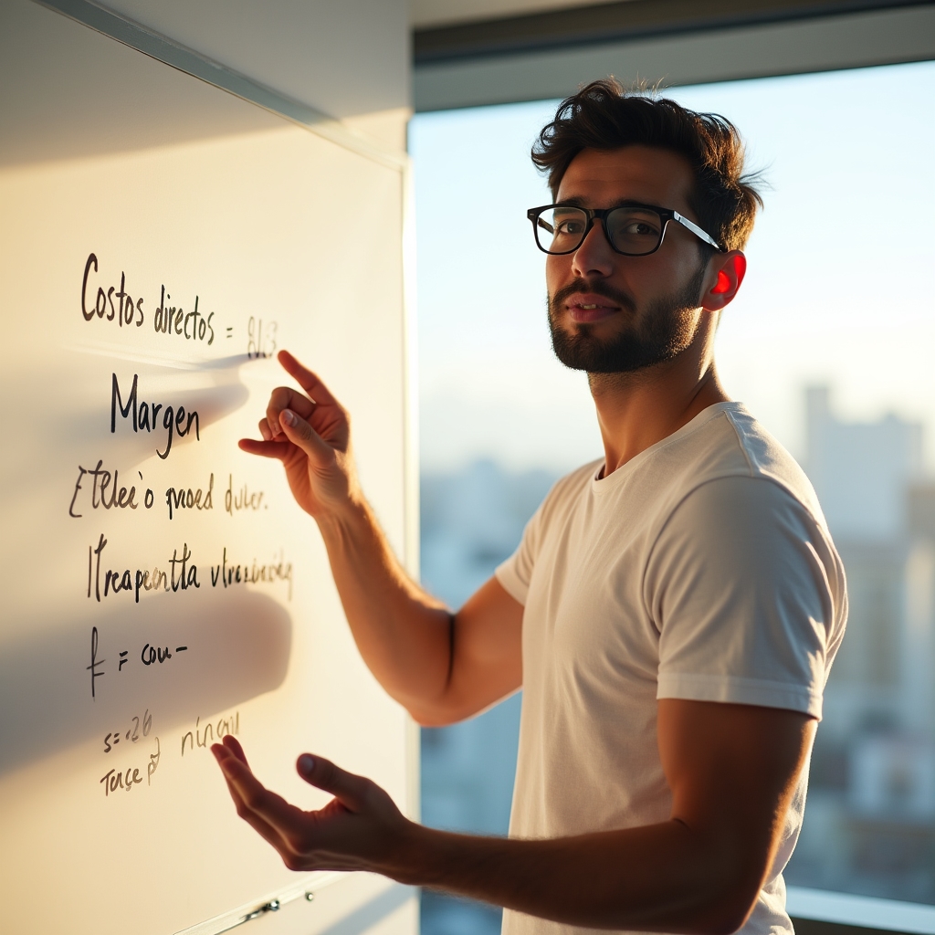 Entrepreneur writing a pricing formula on a whiteboard with cost breakdown categories visible