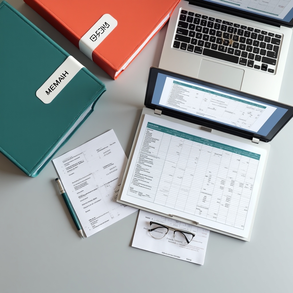 Organized financial binders and a simple spreadsheet on a desk showing income and expense categories