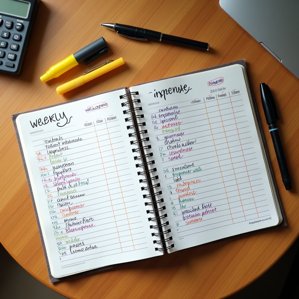 Simple handwritten income and expense record in a notebook on a wooden table