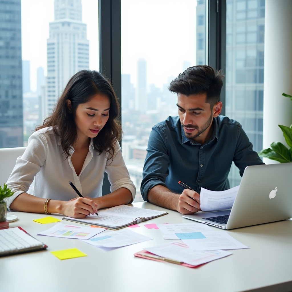 Two educators collaborating on curriculum materials at a bright table with notebooks and a laptop